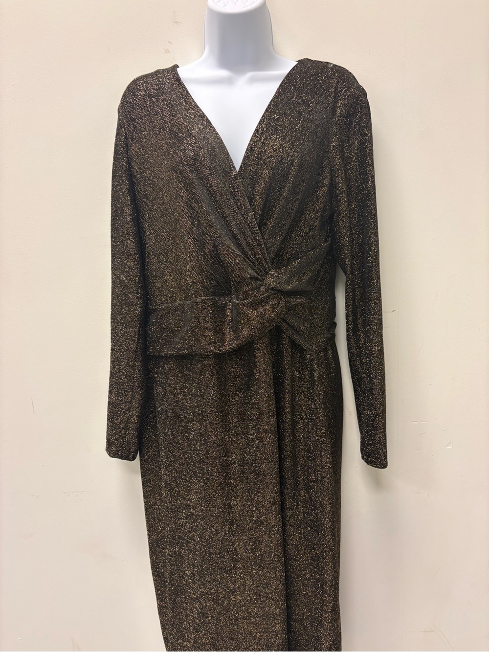 Calvin Klein Metallic Bronze Knot-Front Long-Sleeve Dress